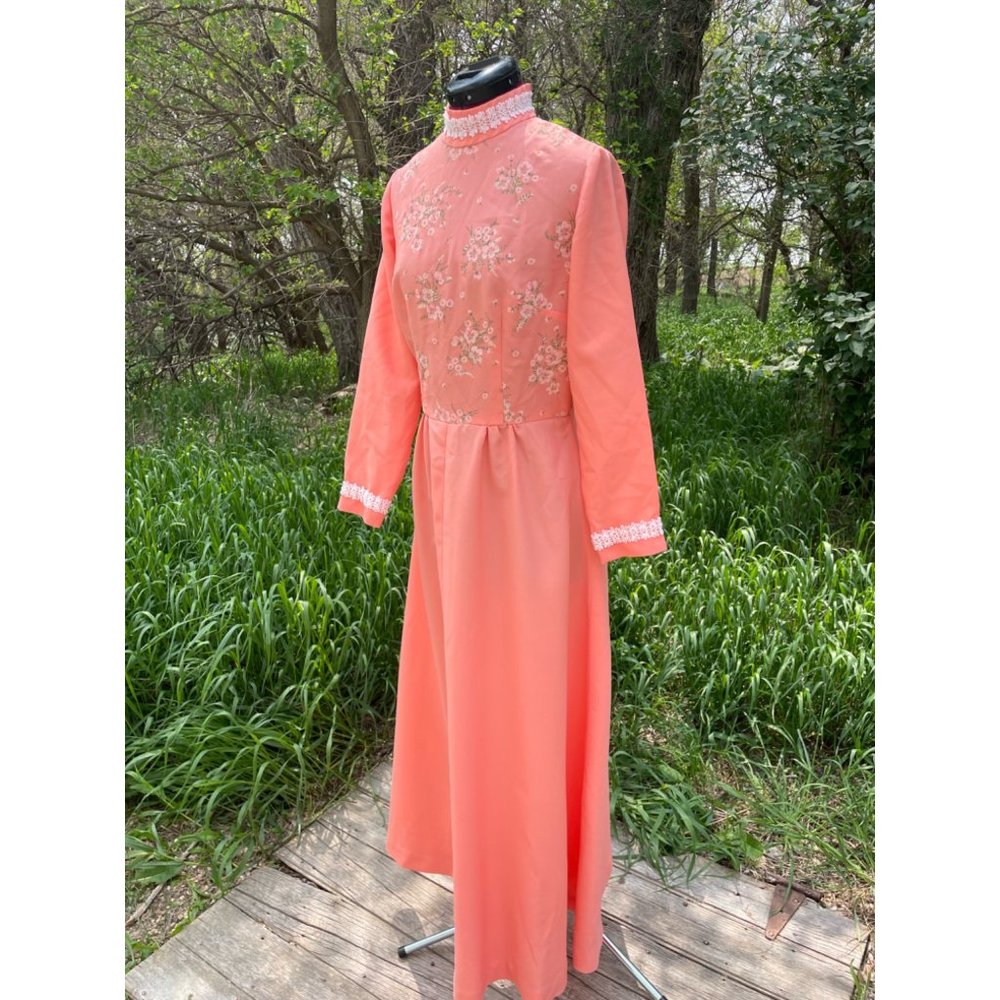Vintage Peach Floral 1970s Long Maxi Dress Size Medium - Picture 15 of 16
